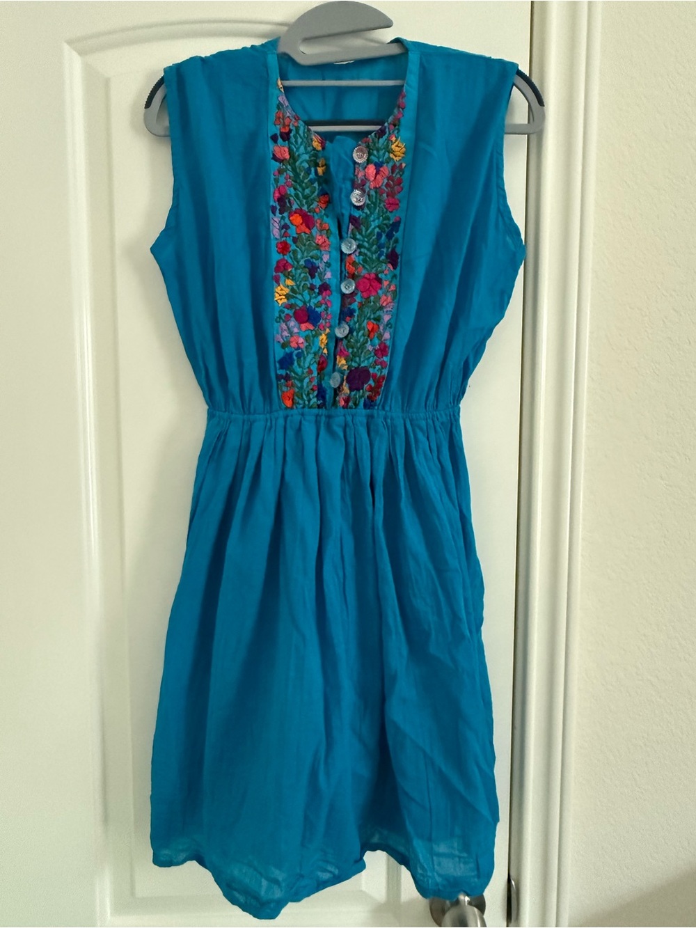 Teal Embroidered Sleeveless Linen Dress